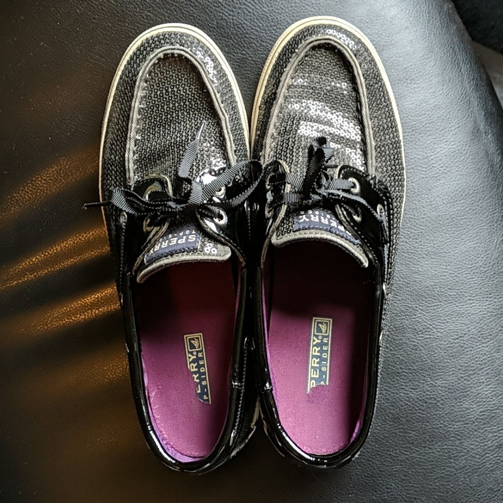 Black sequin Sperry shoes size 8
